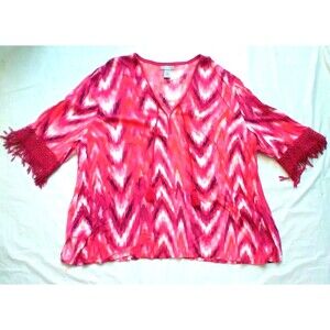 Catherines Women’s 2X Pink Multicolor Crochet Fringe Sleeve Tunic Blouse adult